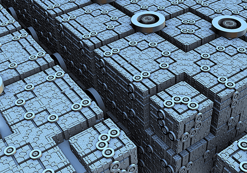 Close-up of a complex, futuristic cube structure with intricate mechanical details.